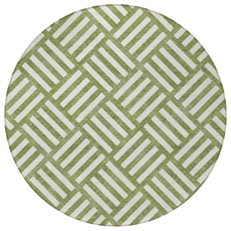 8' Olive Green And Ivory Round Geometric Washable Indoor Outdoor Area Rug