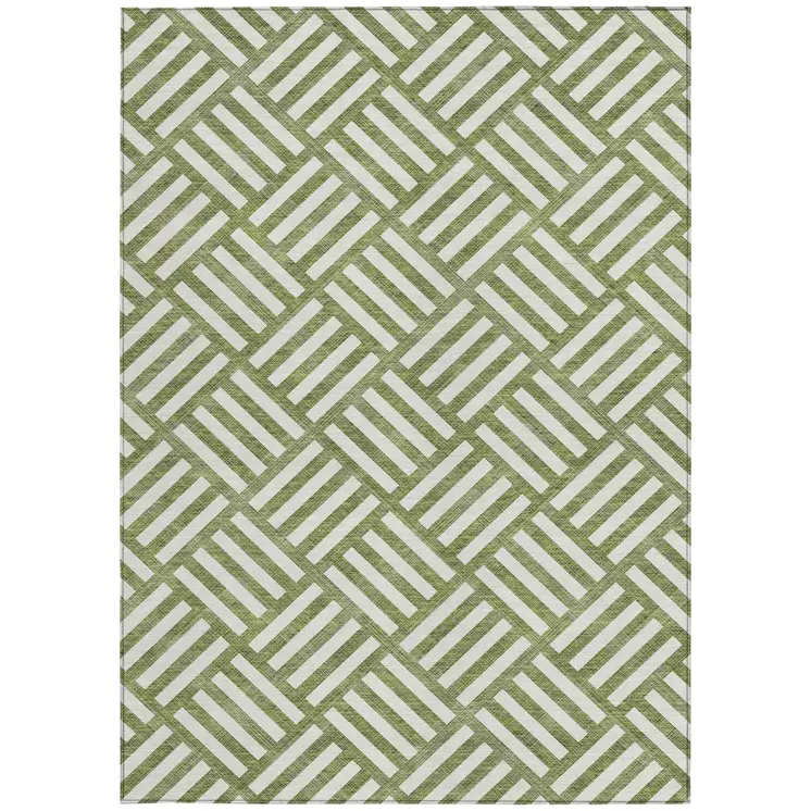 10' X 14' Olive Green And Ivory Geometric Washable Indoor Outdoor Area Rug
