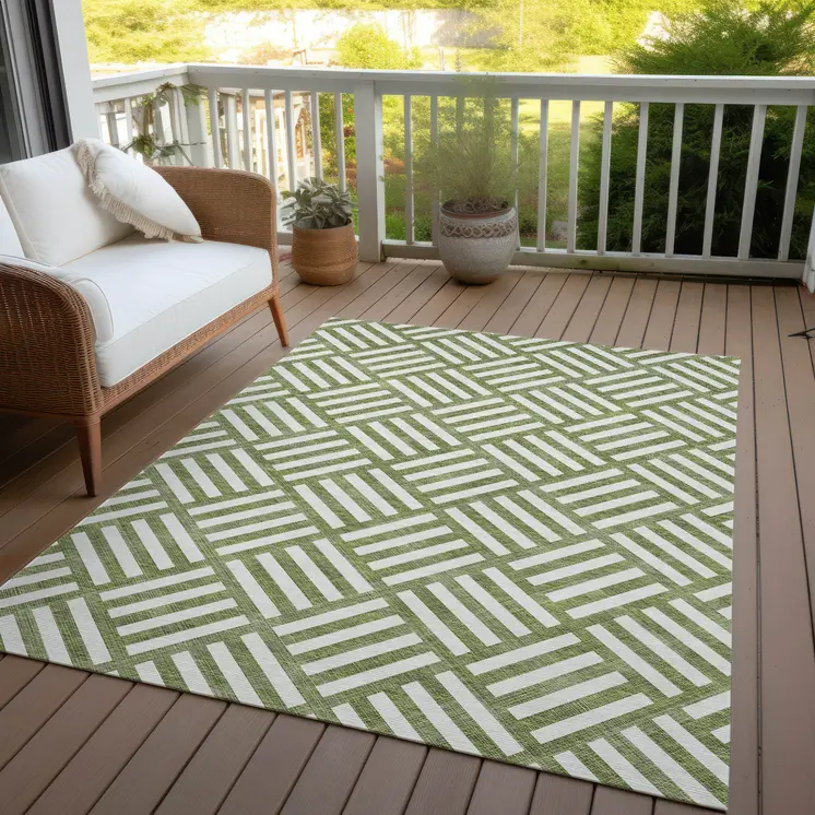 10' X 14' Olive Green And Ivory Geometric Washable Indoor Outdoor Area Rug