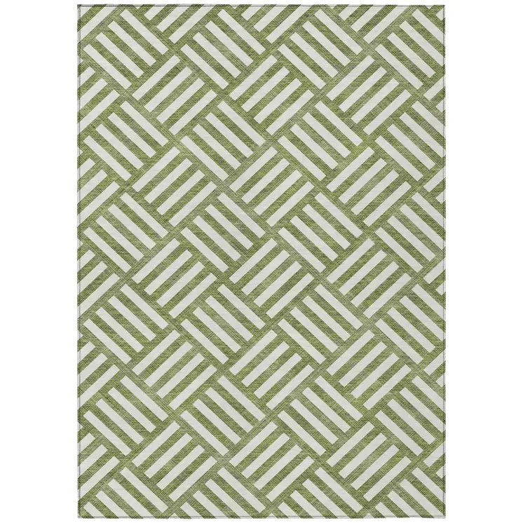 10' X 14' Olive Green And Ivory Geometric Washable Indoor Outdoor Area Rug
