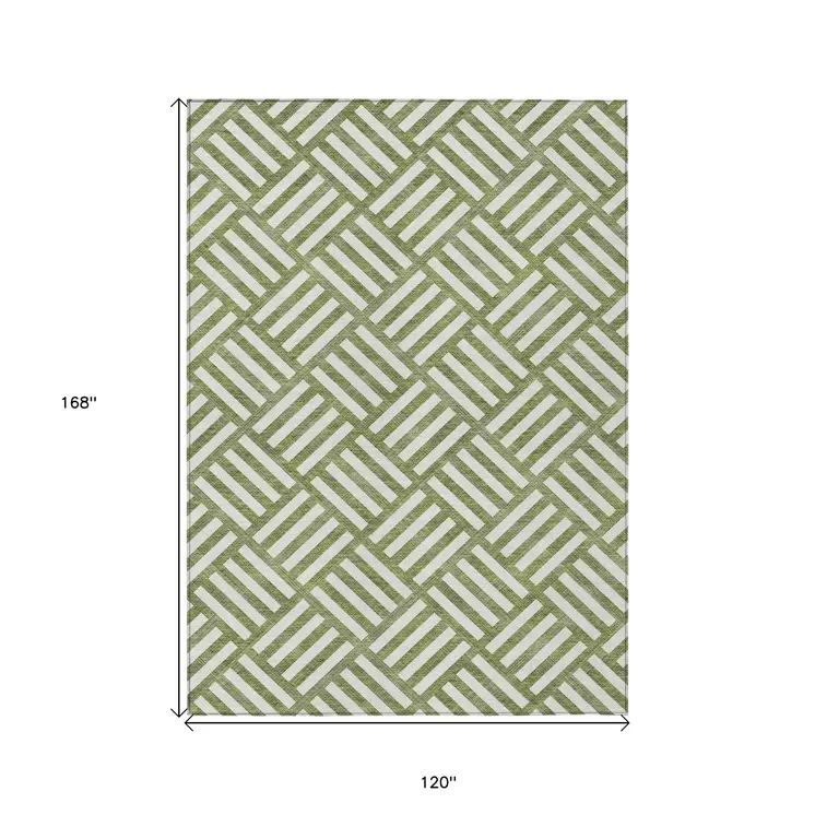 10' X 14' Olive Green And Ivory Geometric Washable Indoor Outdoor Area Rug