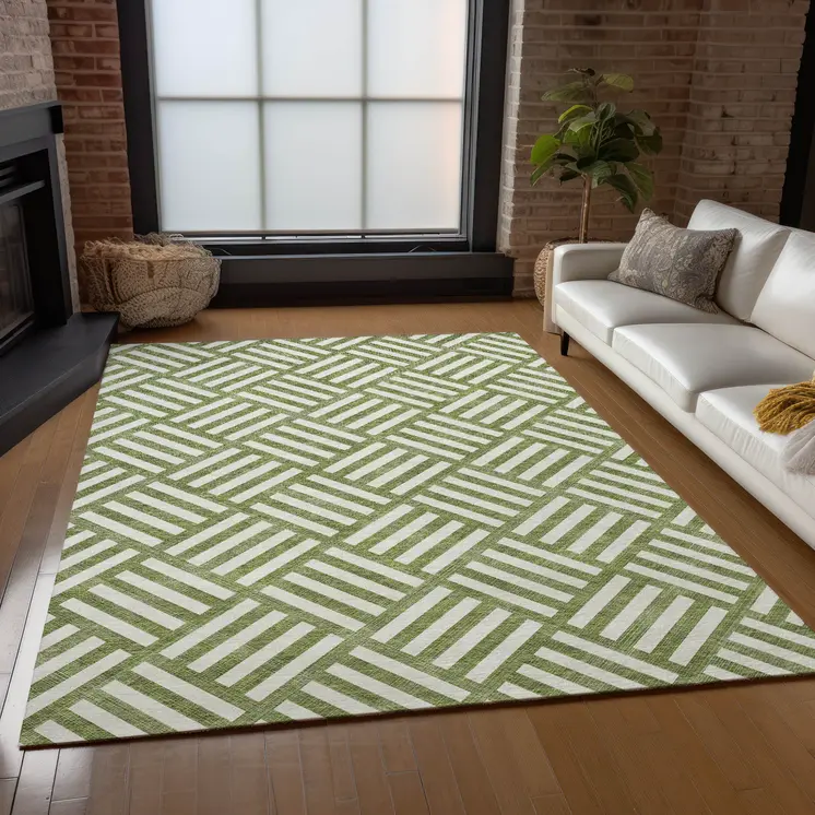 10' X 14' Olive Green And Ivory Geometric Washable Indoor Outdoor Area Rug