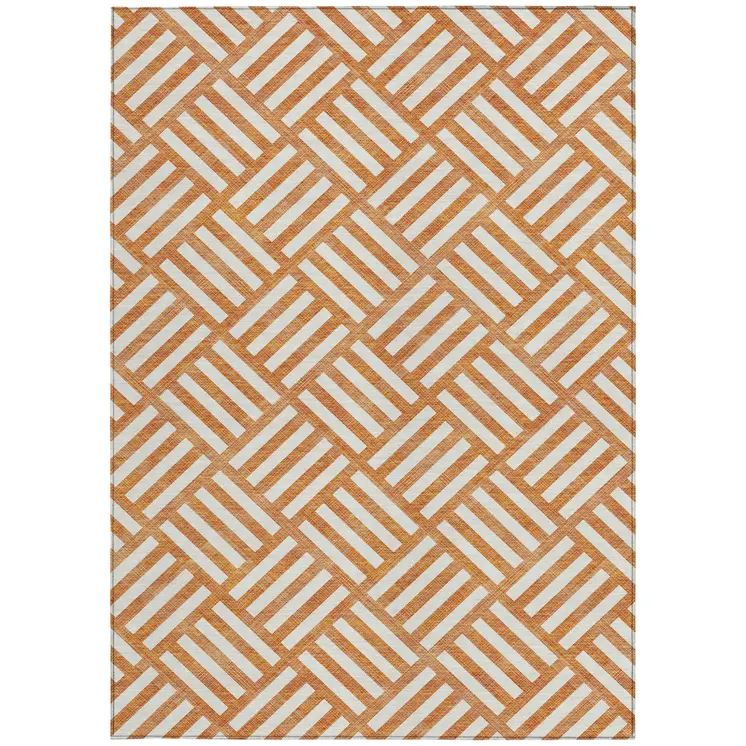 5' X 8' Orange And Ivory Geometric Washable Indoor Outdoor Area Rug