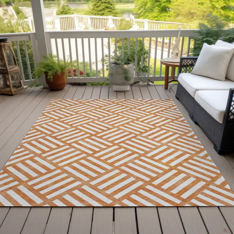 5' X 8' Orange And Ivory Geometric Washable Indoor Outdoor Area Rug