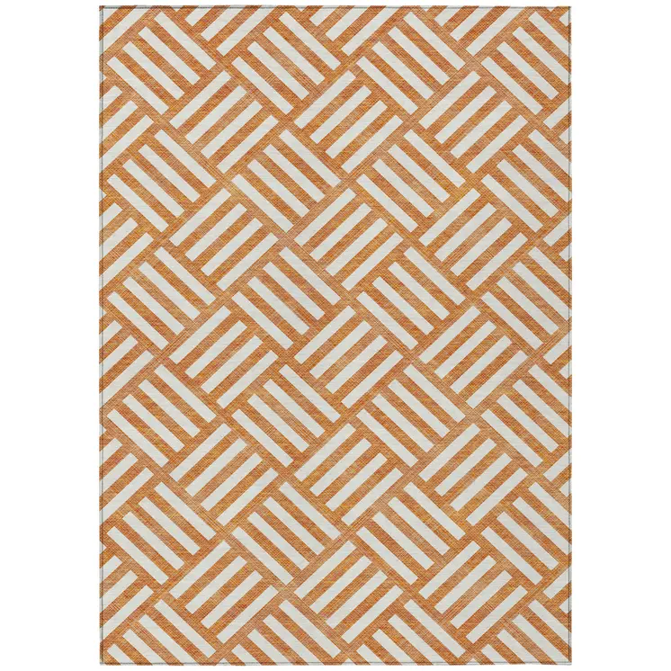 5' X 8' Orange And Ivory Geometric Washable Indoor Outdoor Area Rug
