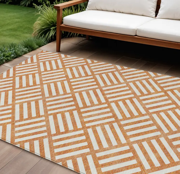 8' X 10' Orange And Ivory Geometric Washable Indoor Outdoor Area Rug