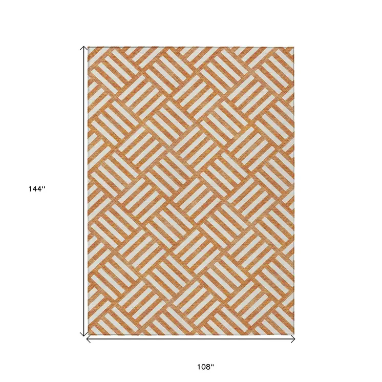 9' X 12' Orange And Ivory Geometric Washable Indoor Outdoor Area Rug