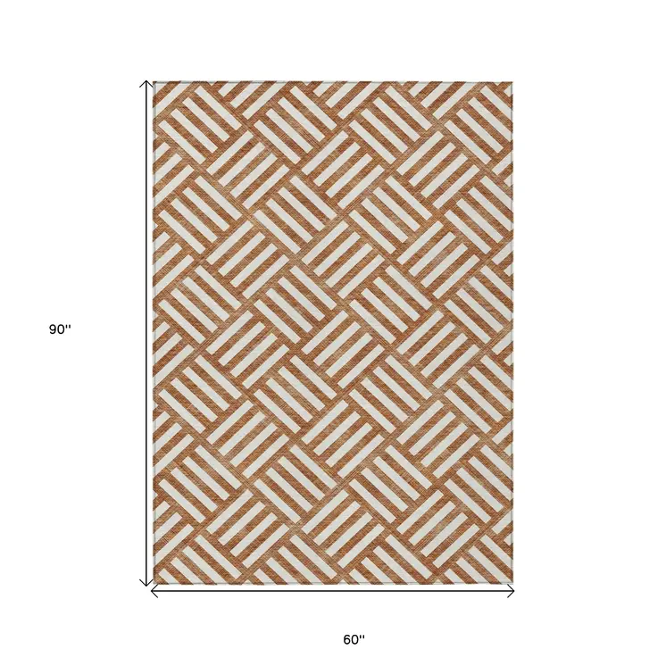 5' X 8' Orange And Ivory Geometric Washable Indoor Outdoor Area Rug
