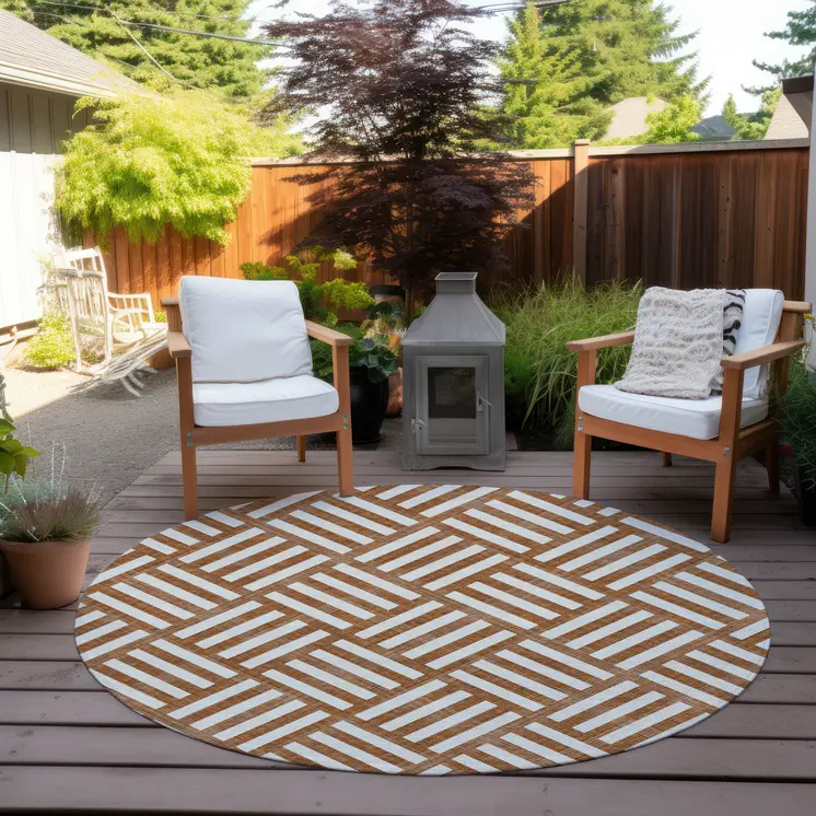 8' Orange And Ivory Round Geometric Washable Indoor Outdoor Area Rug