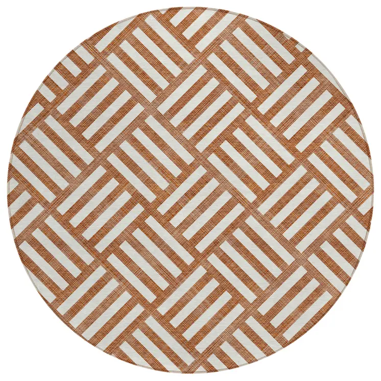 8' Orange And Ivory Round Geometric Washable Indoor Outdoor Area Rug