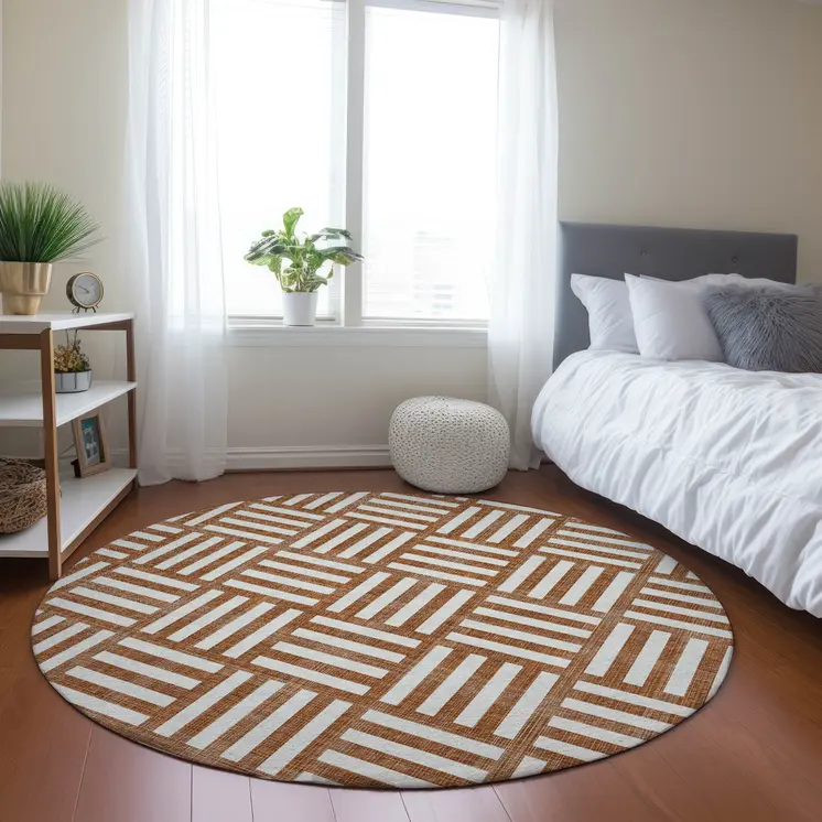 8' Orange And Ivory Round Geometric Washable Indoor Outdoor Area Rug