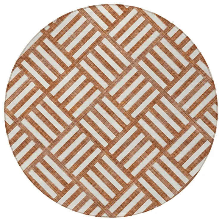 8' Orange And Ivory Round Geometric Washable Indoor Outdoor Area Rug