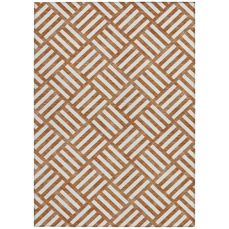 8' X 10' Orange And Ivory Geometric Washable Indoor Outdoor Area Rug