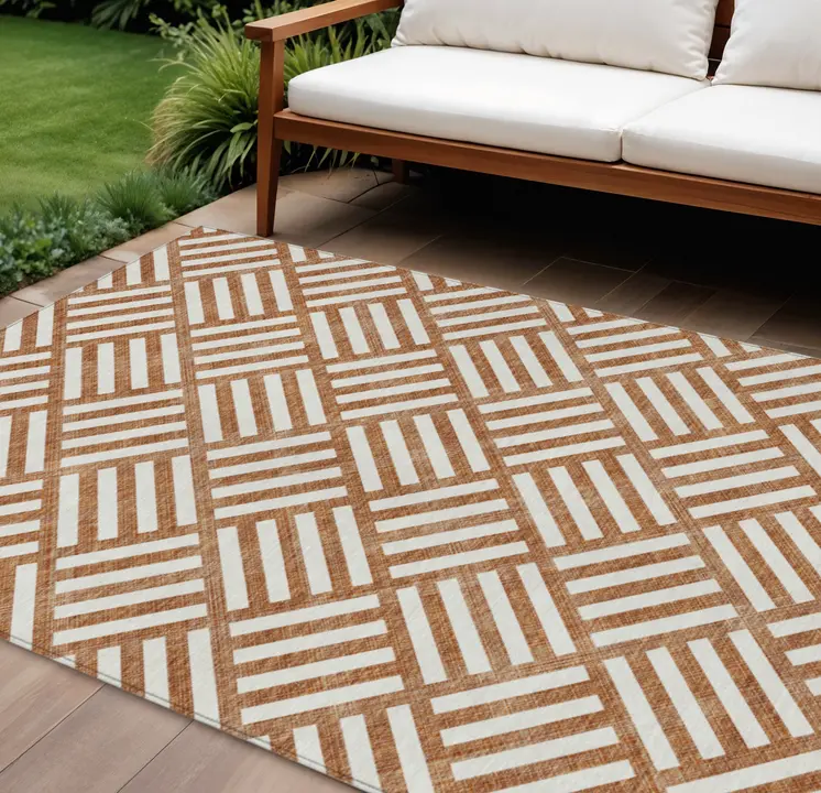 8' X 10' Orange And Ivory Geometric Washable Indoor Outdoor Area Rug