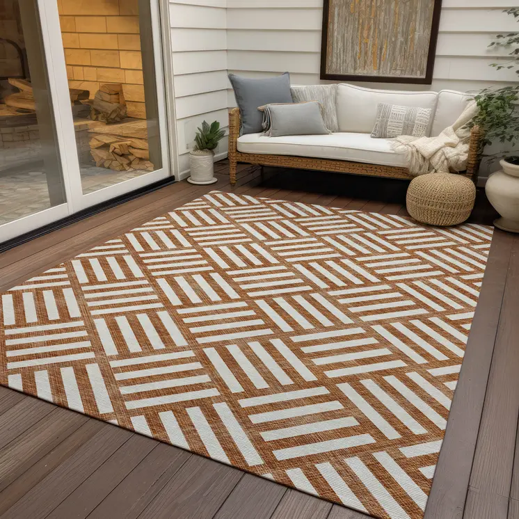8' X 10' Orange And Ivory Geometric Washable Indoor Outdoor Area Rug