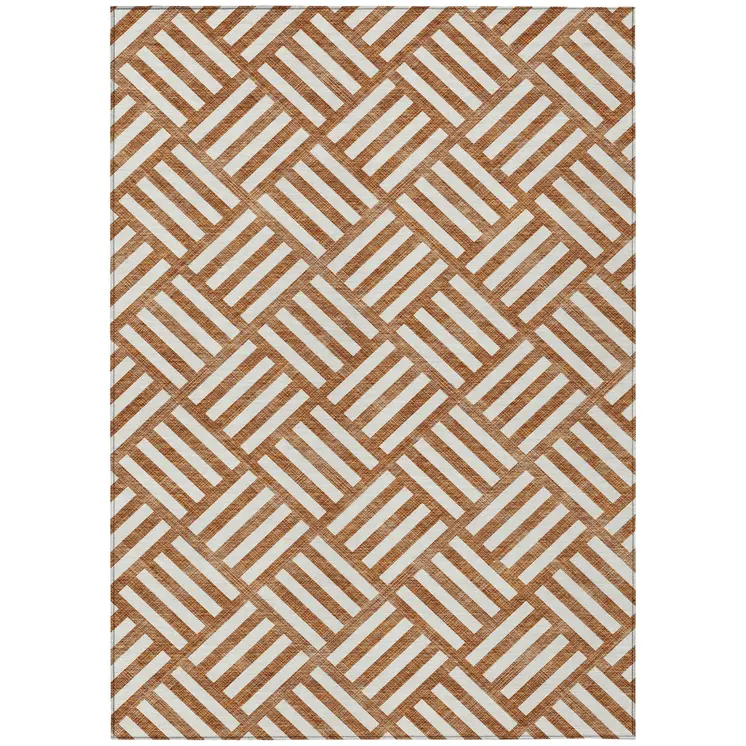 8' X 10' Orange And Ivory Geometric Washable Indoor Outdoor Area Rug