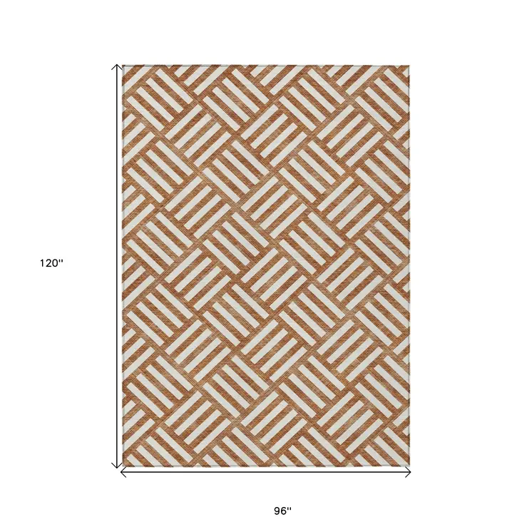 8' X 10' Orange And Ivory Geometric Washable Indoor Outdoor Area Rug