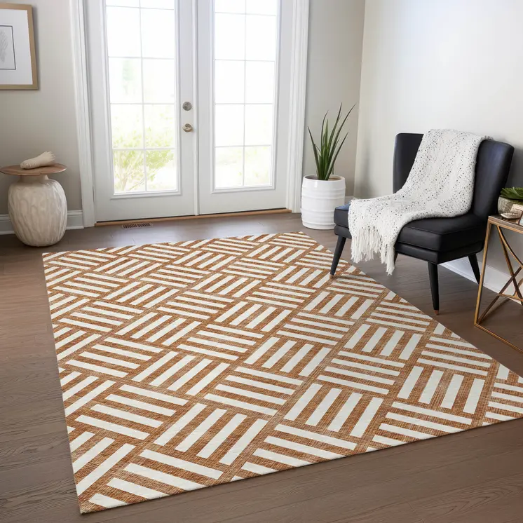8' X 10' Orange And Ivory Geometric Washable Indoor Outdoor Area Rug