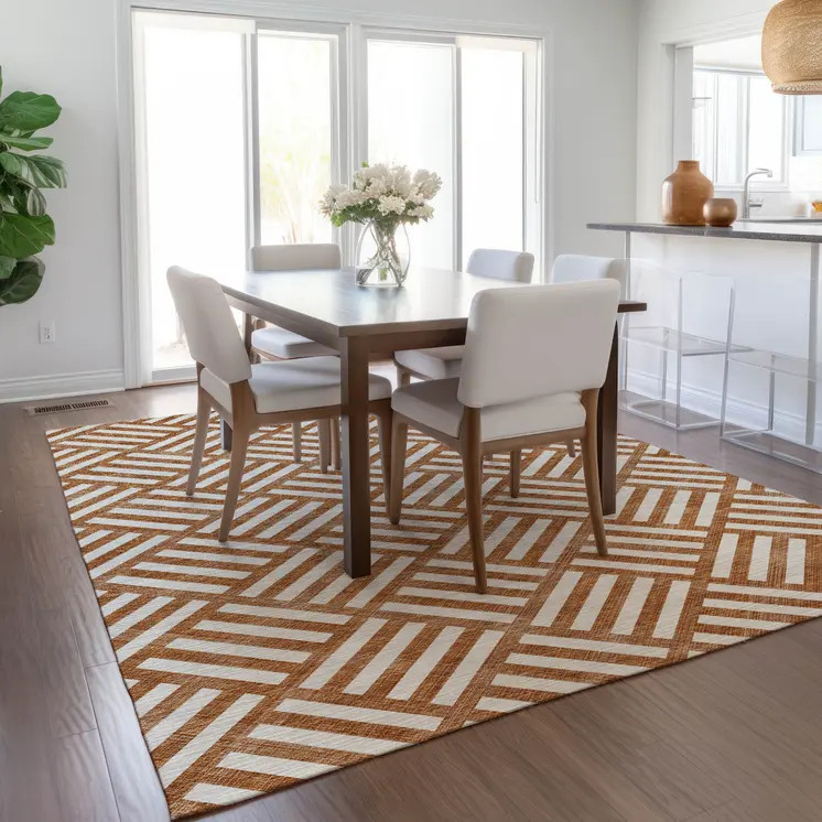 8' X 10' Orange And Ivory Geometric Washable Indoor Outdoor Area Rug