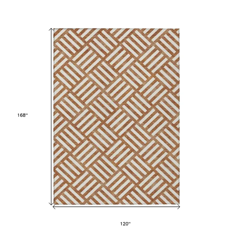 10' X 14' Orange And Ivory Geometric Washable Indoor Outdoor Area Rug