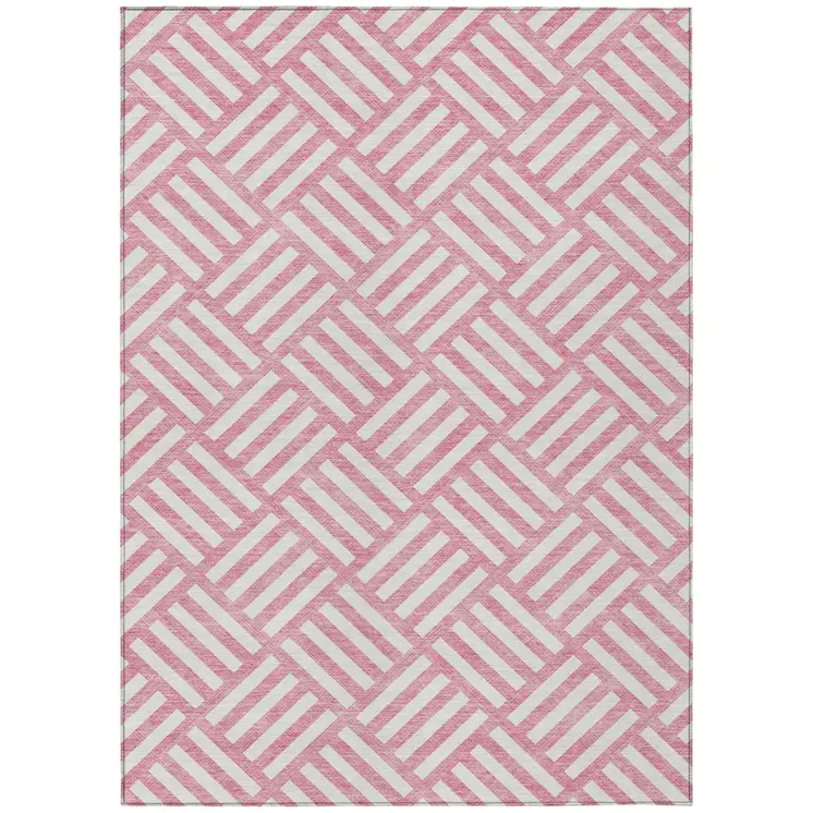 3' X 5' Pink And Ivory Geometric Washable Indoor Outdoor Area Rug
