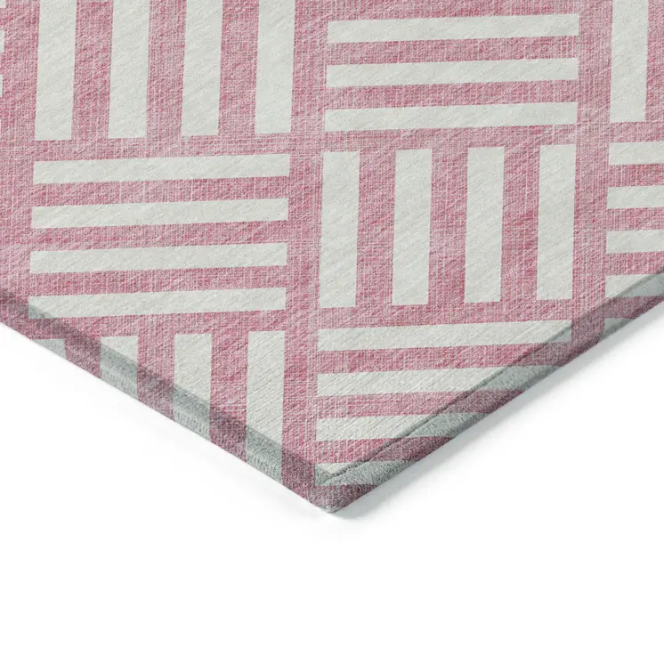 3' X 5' Pink And Ivory Geometric Washable Indoor Outdoor Area Rug
