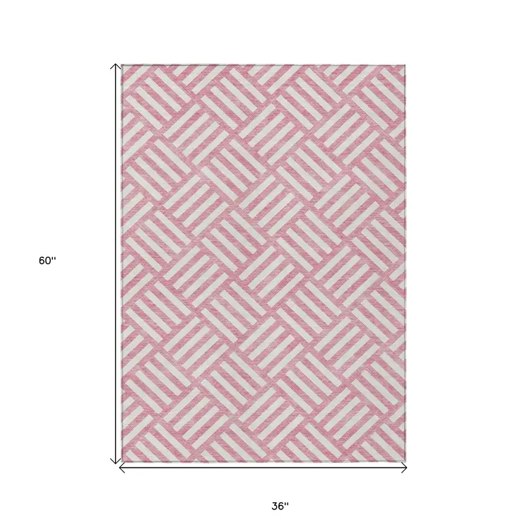 3' X 5' Pink And Ivory Geometric Washable Indoor Outdoor Area Rug