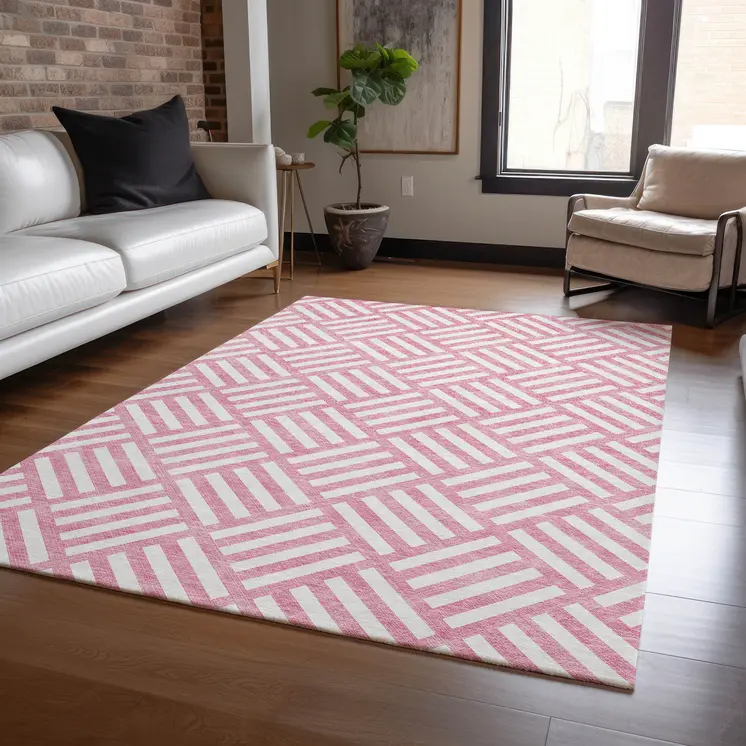 3' X 5' Pink And Ivory Geometric Washable Indoor Outdoor Area Rug