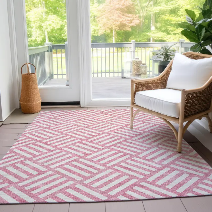 3' X 5' Pink And Ivory Geometric Washable Indoor Outdoor Area Rug