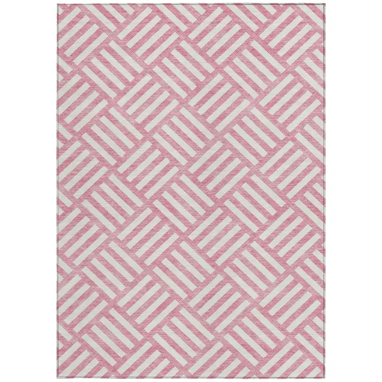 5' X 8' Pink And Ivory Geometric Washable Indoor Outdoor Area Rug