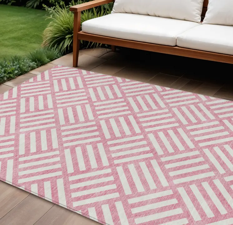 9' X 12' Pink And Ivory Geometric Washable Indoor Outdoor Area Rug