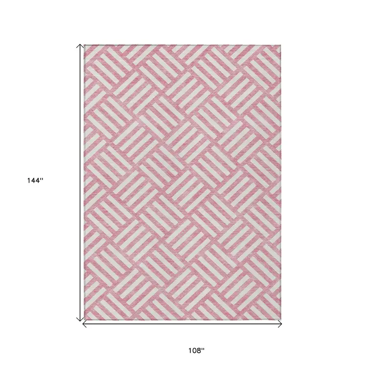 9' X 12' Pink And Ivory Geometric Washable Indoor Outdoor Area Rug
