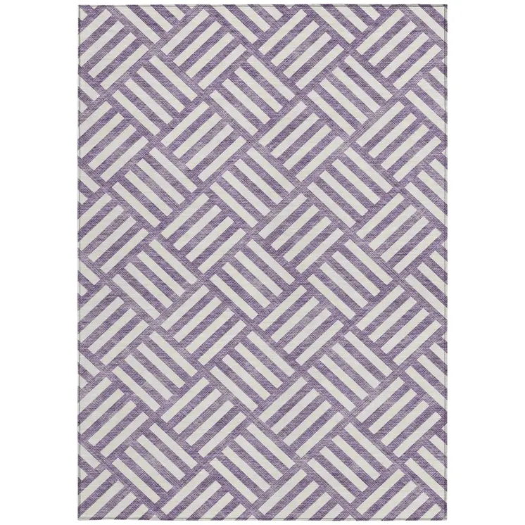 3' X 5' Purple And Ivory Geometric Washable Indoor Outdoor Area Rug