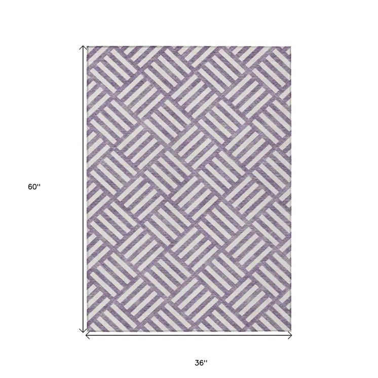3' X 5' Purple And Ivory Geometric Washable Indoor Outdoor Area Rug