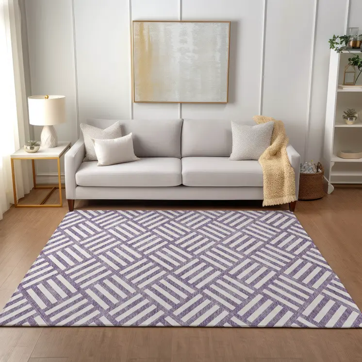 3' X 5' Purple And Ivory Geometric Washable Indoor Outdoor Area Rug