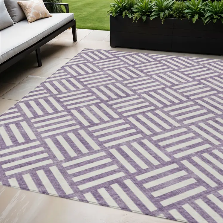 5' X 8' Purple And Ivory Geometric Washable Indoor Outdoor Area Rug