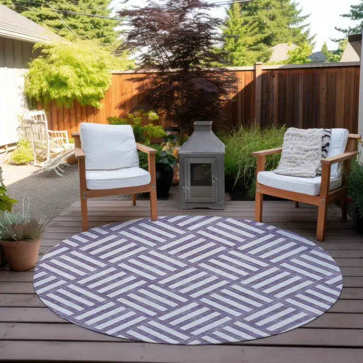 8' Purple And Ivory Round Geometric Washable Indoor Outdoor Area Rug
