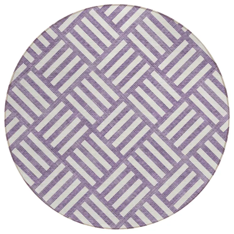 8' Purple And Ivory Round Geometric Washable Indoor Outdoor Area Rug