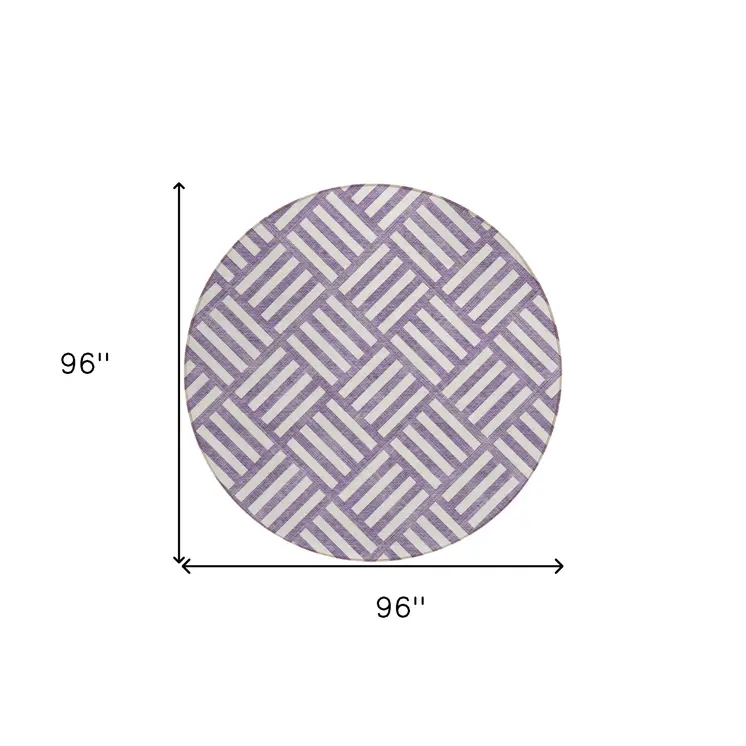 8' Purple And Ivory Round Geometric Washable Indoor Outdoor Area Rug