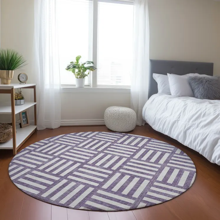 8' Purple And Ivory Round Geometric Washable Indoor Outdoor Area Rug