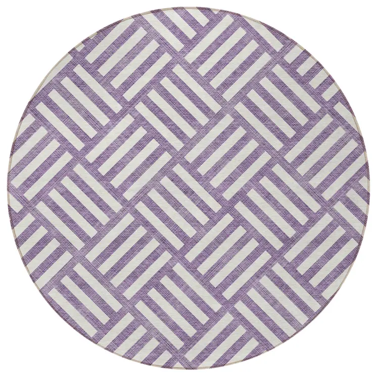 8' Purple And Ivory Round Geometric Washable Indoor Outdoor Area Rug