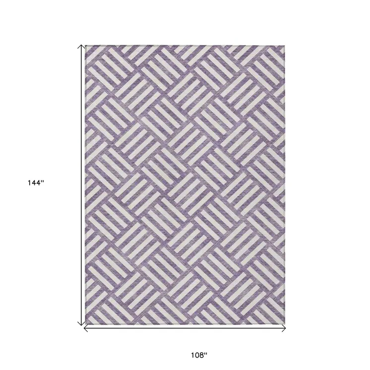 9' X 12' Purple And Ivory Geometric Washable Indoor Outdoor Area Rug