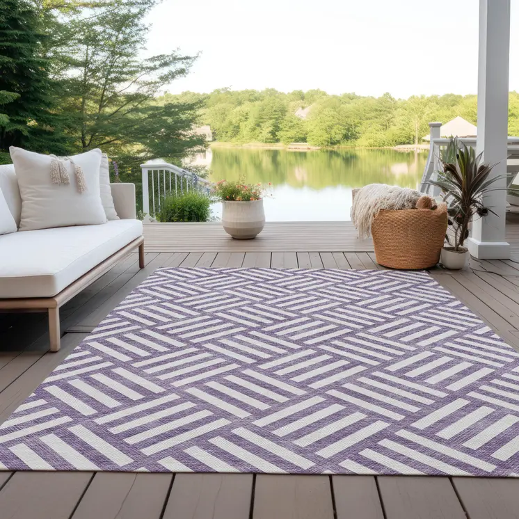 10' X 14' Purple And Ivory Geometric Washable Indoor Outdoor Area Rug