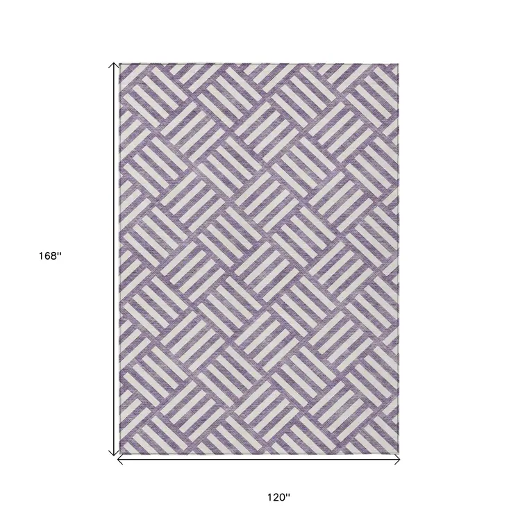 10' X 14' Purple And Ivory Geometric Washable Indoor Outdoor Area Rug