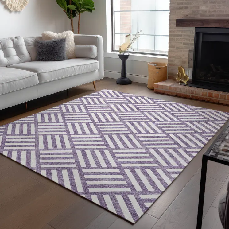 10' X 14' Purple And Ivory Geometric Washable Indoor Outdoor Area Rug