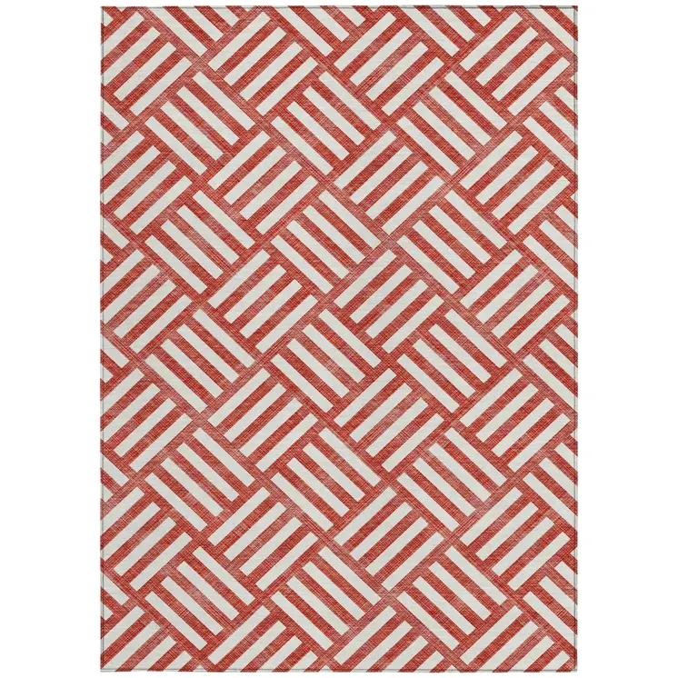 3' X 5' Red And Ivory Geometric Washable Indoor Outdoor Area Rug