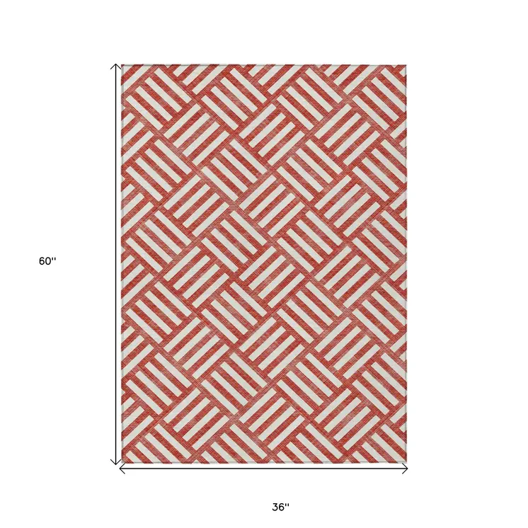 3' X 5' Red And Ivory Geometric Washable Indoor Outdoor Area Rug