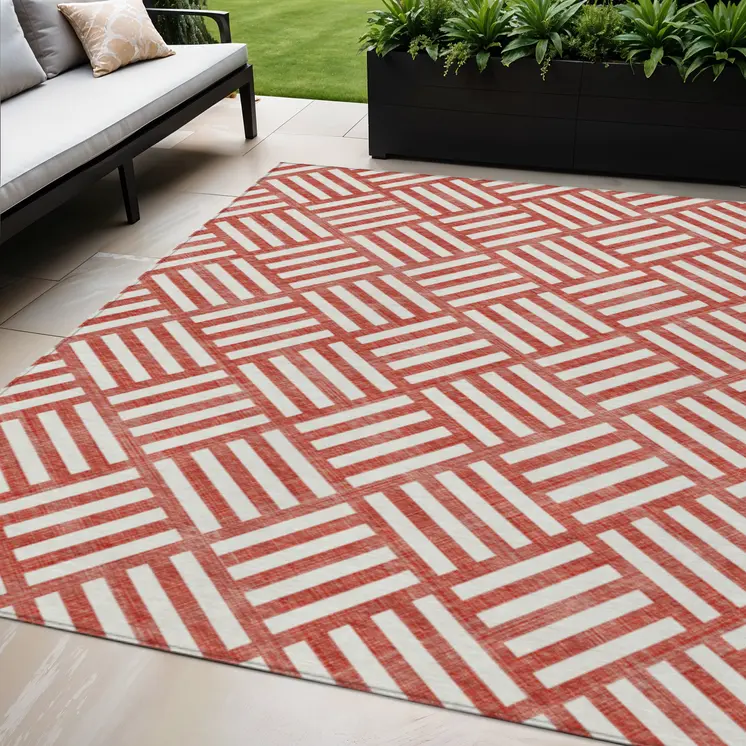 5' X 8' Red And Ivory Geometric Washable Indoor Outdoor Area Rug