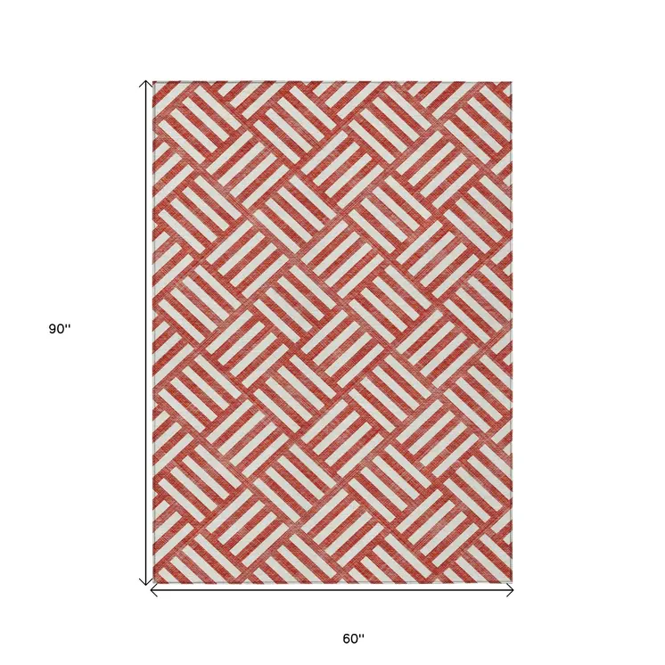 5' X 8' Red And Ivory Geometric Washable Indoor Outdoor Area Rug