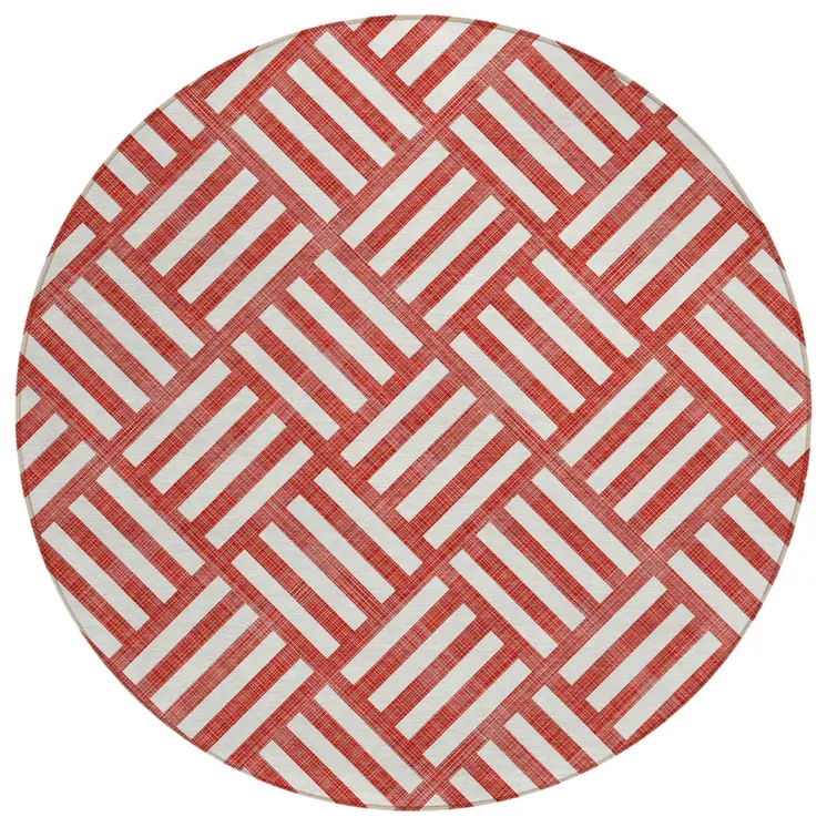 8' Red And Ivory Round Geometric Washable Indoor Outdoor Area Rug